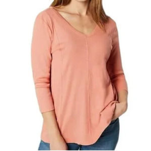 J. Jill Size XL Top Coralstone Ribbed Pima Cotton 3/4 Sleeve V Neck Seamed Top
